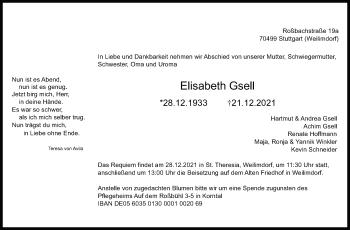 Traueranzeige von Elisabeth Gsell von Stuttgarter Zeitung / Stuttgarter Nachrichten