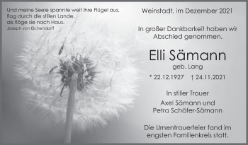 Traueranzeige von Elli Sämann von Stuttgarter Zeitung / Stuttgarter Nachrichten