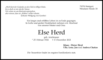 Traueranzeige von Else Herd von Stuttgarter Zeitung / Stuttgarter Nachrichten