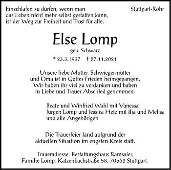 Traueranzeige von Else Lomp von Stuttgarter Zeitung / Stuttgarter Nachrichten