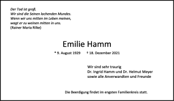 Traueranzeige von Emilie Hamm von Stuttgarter Zeitung / Stuttgarter Nachrichten