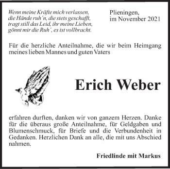 Traueranzeige von Erich Weber von Stuttgarter Zeitung / Stuttgarter Nachrichten