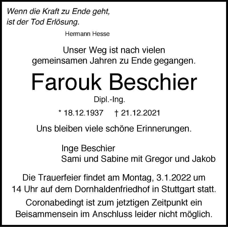  Traueranzeige für Farouk Beschier vom 28.12.2021 aus Stuttgarter Zeitung / Stuttgarter Nachrichten