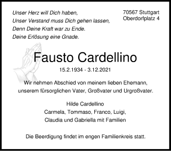 Traueranzeige von Fausto Cardellino von Stuttgarter Zeitung / Stuttgarter Nachrichten