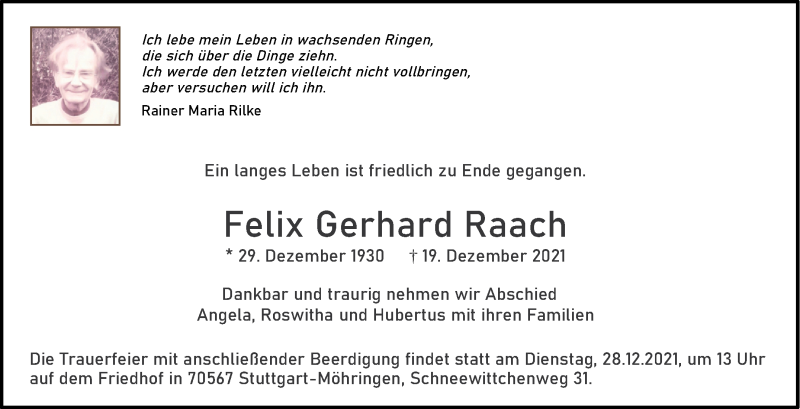  Traueranzeige für Felix Gerhard Raach vom 23.12.2021 aus Stuttgarter Zeitung / Stuttgarter Nachrichten