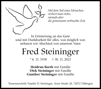 Traueranzeige von Fred Steininger von Stuttgarter Zeitung / Stuttgarter Nachrichten