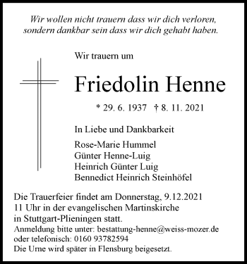 Traueranzeige von Friedolin Henne von Stuttgarter Zeitung / Stuttgarter Nachrichten