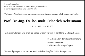 Traueranzeige von Friedrich Ackermann von Stuttgarter Zeitung / Stuttgarter Nachrichten