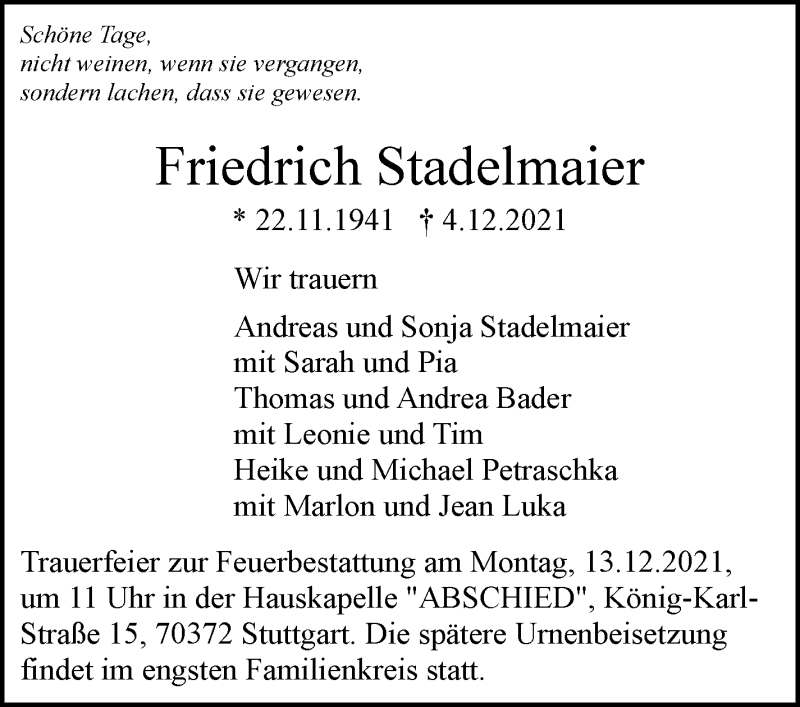  Traueranzeige für Friedrich Stadelmaier vom 08.12.2021 aus Stuttgarter Zeitung / Stuttgarter Nachrichten