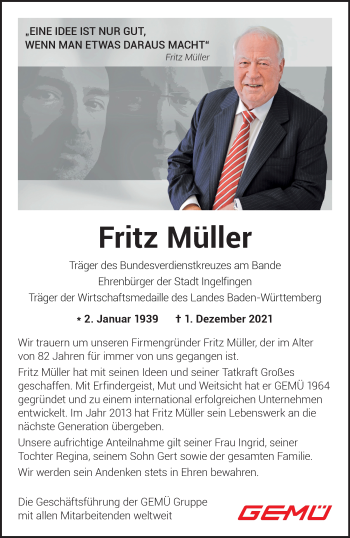Traueranzeige von Fritz Müller von Stuttgarter Zeitung / Stuttgarter Nachrichten