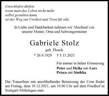 Traueranzeige von Gabriele Stolz von Stuttgarter Zeitung / Stuttgarter Nachrichten
