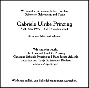 Traueranzeige von Gabriele Ulrike Prinzing von Stuttgarter Zeitung / Stuttgarter Nachrichten