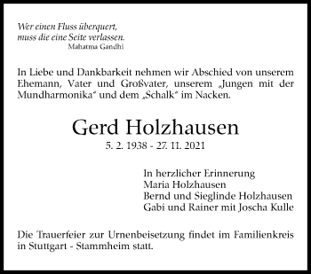 Traueranzeige von Gerd Holzhausen von Stuttgarter Zeitung / Stuttgarter Nachrichten