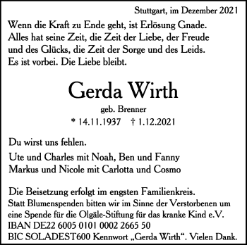 Traueranzeige von Gerda Wirth von Stuttgarter Zeitung / Stuttgarter Nachrichten