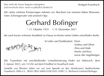 Traueranzeige von Gerhard Bofinger von Stuttgarter Zeitung / Stuttgarter Nachrichten