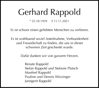 Traueranzeige von Gerhard Rappold von Stuttgarter Zeitung / Stuttgarter Nachrichten