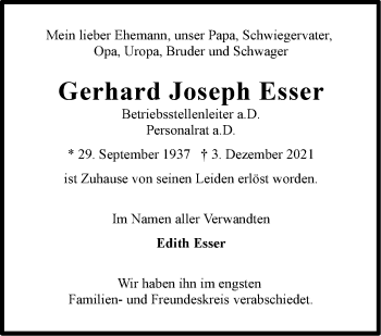 Traueranzeige von Gerhard Joseph Esser von Stuttgarter Zeitung / Stuttgarter Nachrichten