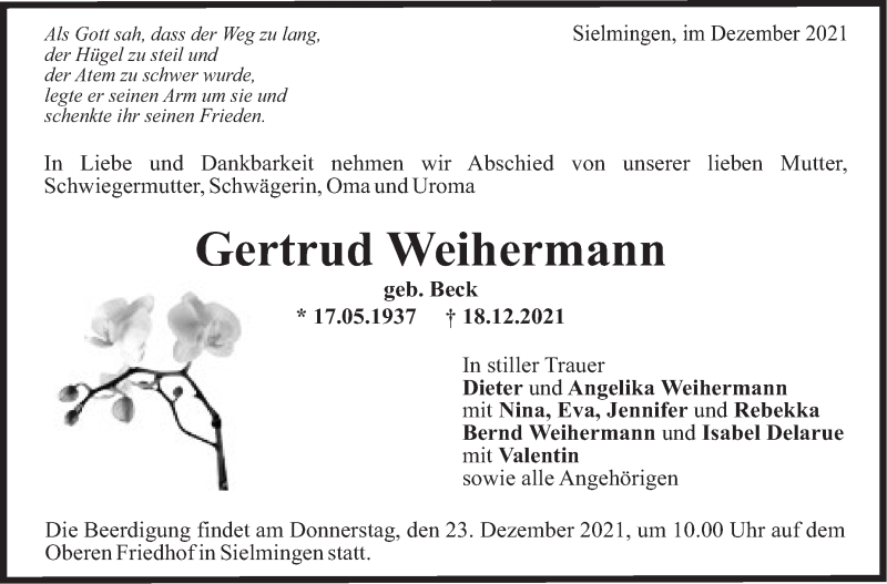  Traueranzeige für Gertrud Weihermann vom 21.12.2021 aus Stuttgarter Zeitung / Stuttgarter Nachrichten