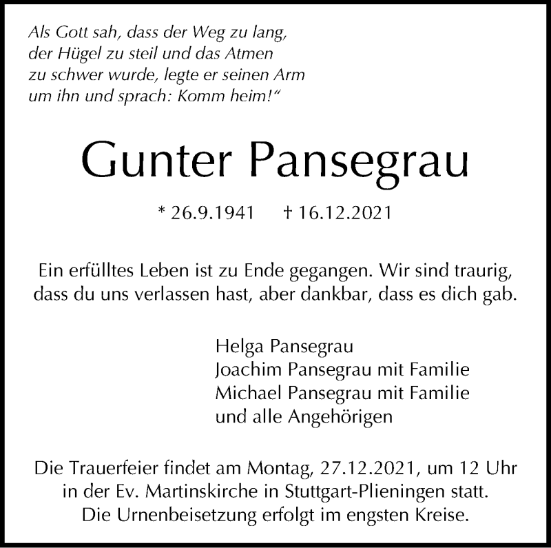  Traueranzeige für Gunter Pansegrau vom 23.12.2021 aus Stuttgarter Zeitung / Stuttgarter Nachrichten