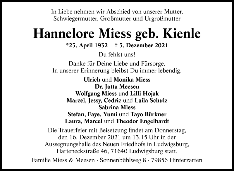  Traueranzeige für Hannelore Miess vom 14.12.2021 aus Stuttgarter Zeitung / Stuttgarter Nachrichten