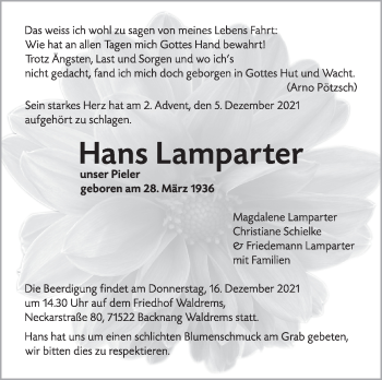 Traueranzeige von Hans Lamparter von Stuttgarter Zeitung / Stuttgarter Nachrichten