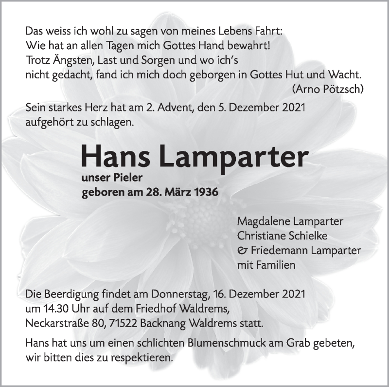  Traueranzeige für Hans Lamparter vom 11.12.2021 aus Stuttgarter Zeitung / Stuttgarter Nachrichten