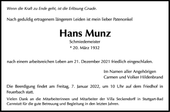 Traueranzeige von Hans Munz von Stuttgarter Zeitung / Stuttgarter Nachrichten