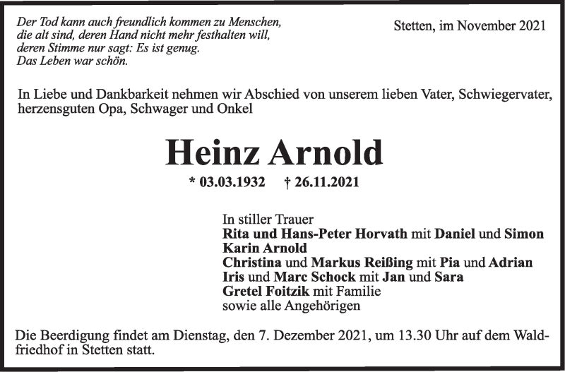  Traueranzeige für Heinz Arnold vom 01.12.2021 aus Stuttgarter Zeitung / Stuttgarter Nachrichten