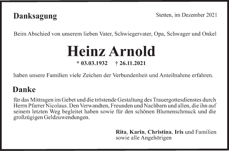  Traueranzeige für Heinz Arnold vom 17.12.2021 aus Stuttgarter Zeitung / Stuttgarter Nachrichten