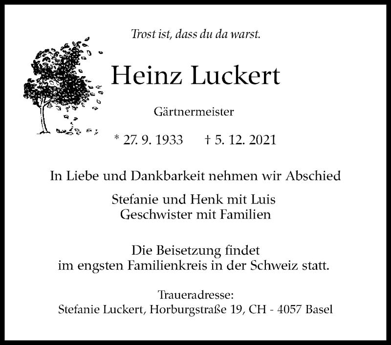  Traueranzeige für Heinz Luckert vom 11.12.2021 aus Stuttgarter Zeitung / Stuttgarter Nachrichten