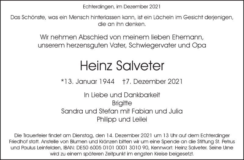  Traueranzeige für Heinz Salveter vom 11.12.2021 aus Stuttgarter Zeitung / Stuttgarter Nachrichten