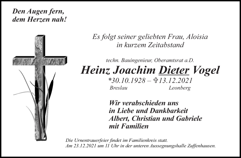  Traueranzeige für Heinz Joachim Dieter Vogel vom 18.12.2021 aus Stuttgarter Zeitung / Stuttgarter Nachrichten