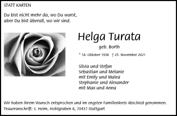Traueranzeige von Helga Turata von Stuttgarter Zeitung / Stuttgarter Nachrichten