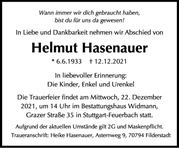 Traueranzeige von Helmut Hasenauer von Stuttgarter Zeitung / Stuttgarter Nachrichten