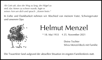Traueranzeige von Helmut Menzel von Stuttgarter Zeitung / Stuttgarter Nachrichten
