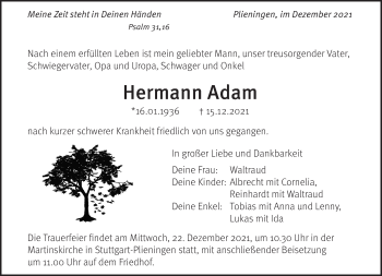 Traueranzeige von Hermann Adam von Stuttgarter Zeitung / Stuttgarter Nachrichten