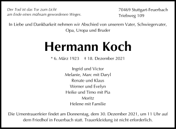 Traueranzeige von Hermann Koch von Stuttgarter Zeitung / Stuttgarter Nachrichten
