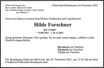 Traueranzeige von Hilde Forschner von Stuttgarter Zeitung / Stuttgarter Nachrichten