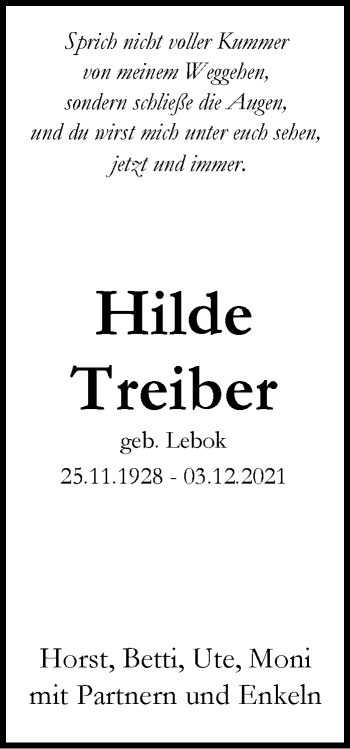 Traueranzeige von Hilde Treiber von Stuttgarter Zeitung / Stuttgarter Nachrichten