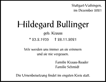 Traueranzeige von Hildegard Bullinger von Stuttgarter Zeitung / Stuttgarter Nachrichten