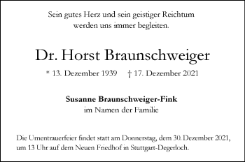 Traueranzeige von Horst Braunschweiger von Stuttgarter Zeitung / Stuttgarter Nachrichten