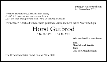 Traueranzeige von Horst Gutbrod von Stuttgarter Zeitung / Stuttgarter Nachrichten