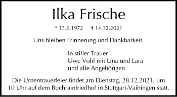 Traueranzeige von Ilka Frische von Stuttgarter Zeitung / Stuttgarter Nachrichten