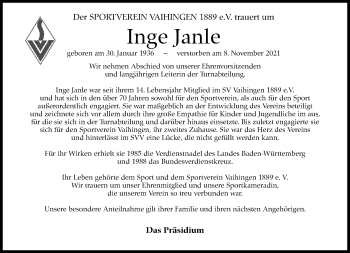 Traueranzeige von Inge Janle von Stuttgarter Zeitung / Stuttgarter Nachrichten