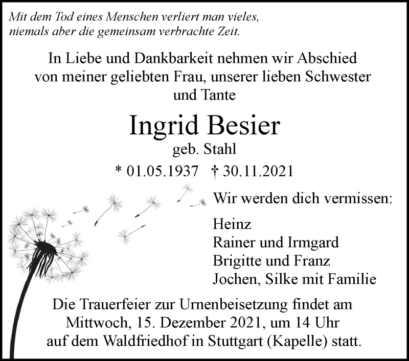  Traueranzeige für Ingrid Besier vom 10.12.2021 aus Stuttgarter Zeitung / Stuttgarter Nachrichten