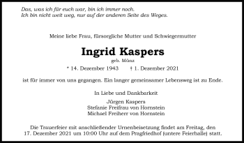 Traueranzeige von Ingrid Kaspers von Stuttgarter Zeitung / Stuttgarter Nachrichten