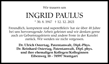 Traueranzeige von Ingrid Paulus von Stuttgarter Zeitung / Stuttgarter Nachrichten