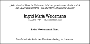 Traueranzeige von Ingrid Maria Weidemann von Stuttgarter Zeitung / Stuttgarter Nachrichten