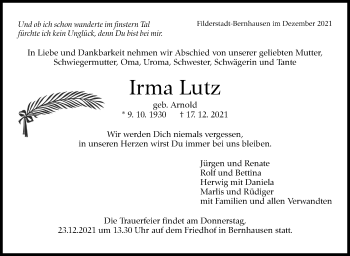Traueranzeige von Irma Lutz von Stuttgarter Zeitung / Stuttgarter Nachrichten
