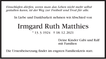 Traueranzeige von Irmgard Ruth Matthies von Stuttgarter Zeitung / Stuttgarter Nachrichten
